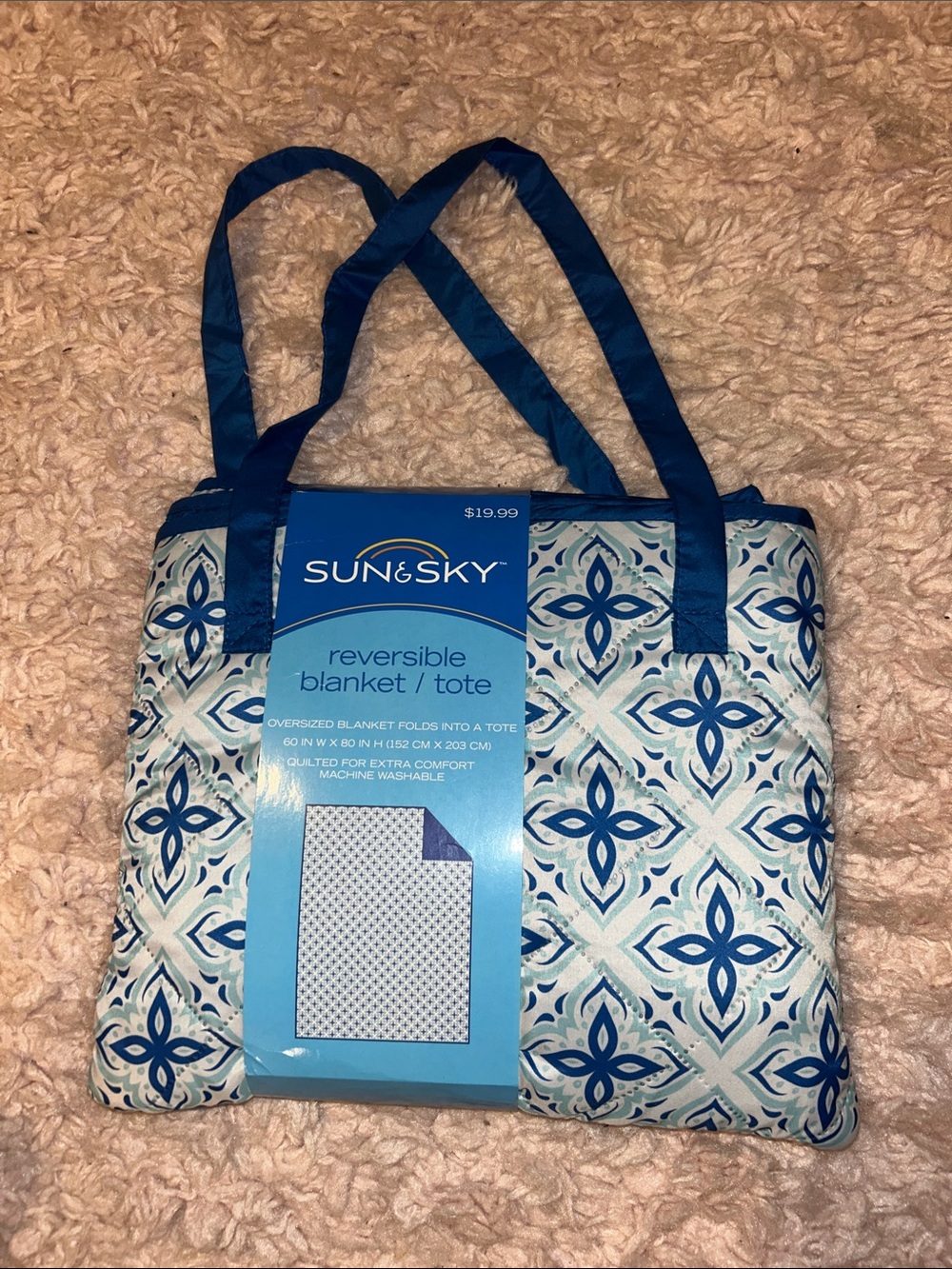NWT Sun & Sky Reversible Blanket Tote - Blue Pattern